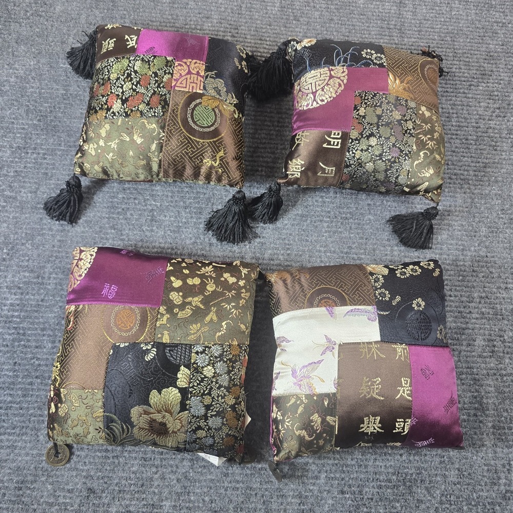 Pier 1 Asian Brocade Patchwork Mini Pillows Set 4 Tassels Coin Charms 8"